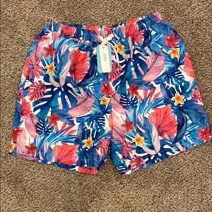 IFFEI NWT Blue & Pink Tropical Men’s XL Swim Trunks w/ Pockets & Drawstring